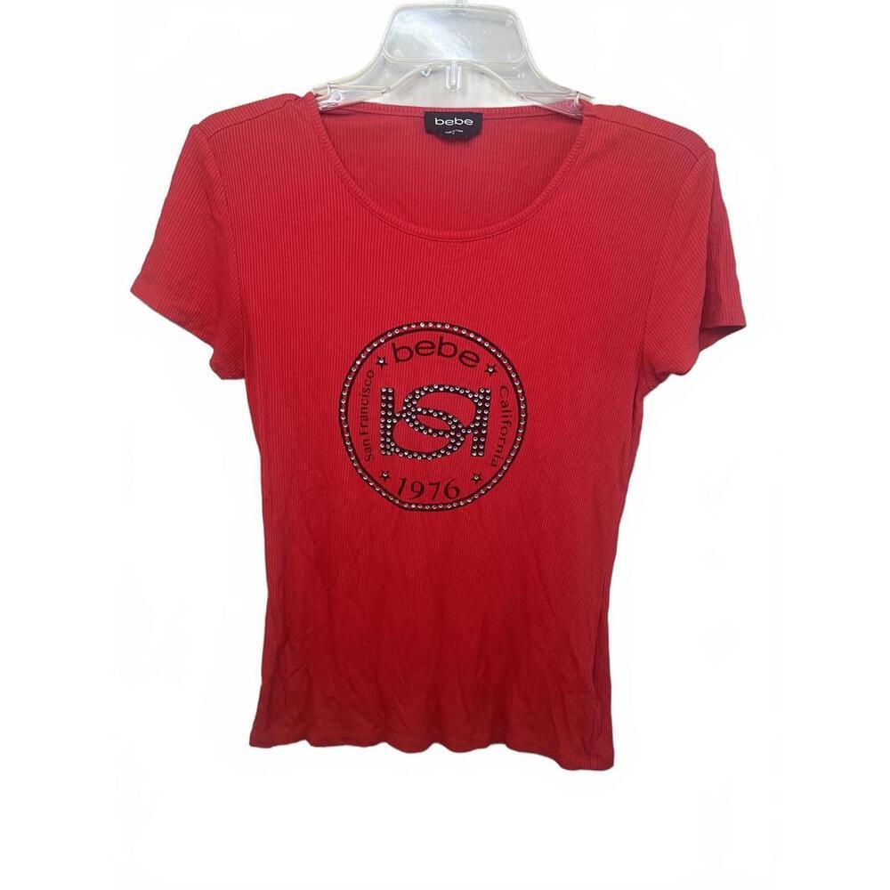 bebe Red Rhinestone Ribbed Short Sleeve Top with Logo Detail, Size M Y2K Bling